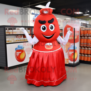 Peach Bottle Of Ketchup mascot costume character dressed with a Evening Gown and Coin purses
