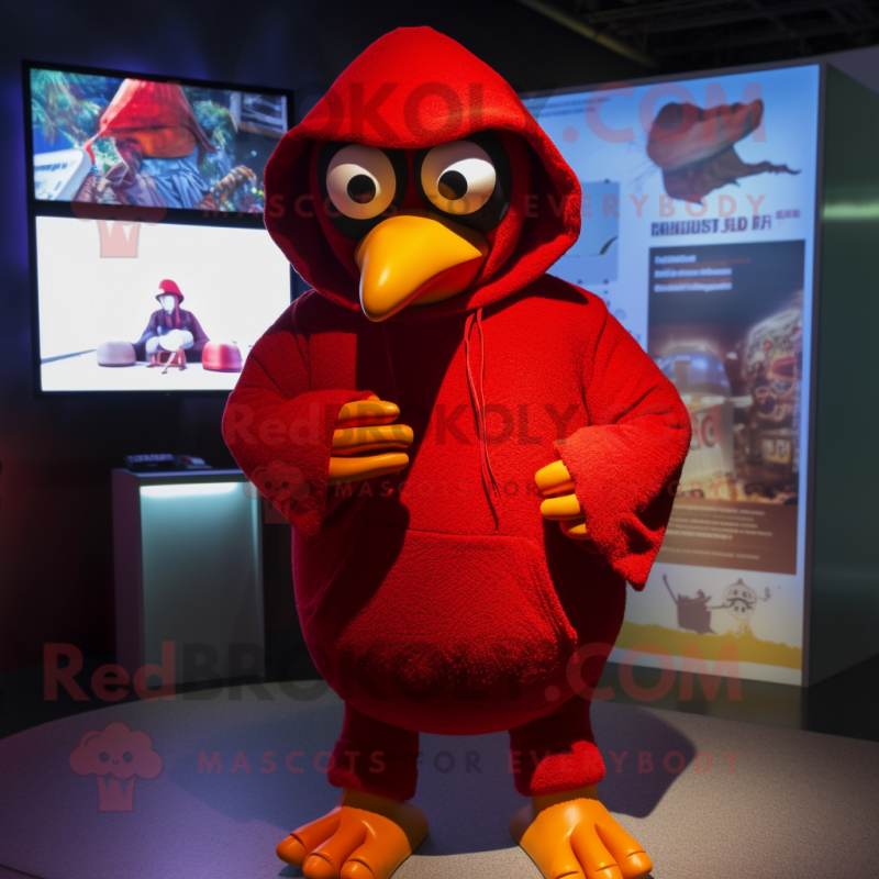 Red Crow mascot costume character dressed with a Hoodie and Anklets