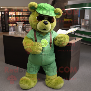 Lime Green Teddy Bear mascot costume character dressed with a Overalls and Reading glasses