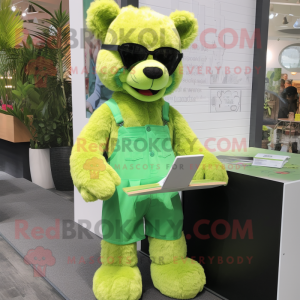 Lime Green Teddy Bear mascot costume character dressed with a Overalls and Reading glasses