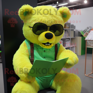 Lime Green Teddy Bear mascot costume character dressed with a Overalls and Reading glasses
