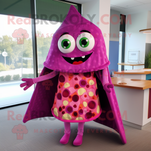 Magenta Pizza Slice mascot costume character dressed with a A-Line Dress and Shawl pins