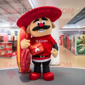 Red Fajitas mascot costume character dressed with a Rugby Shirt and Handbags