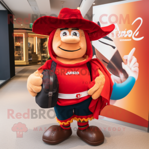 Red Fajitas mascot costume character dressed with a Rugby Shirt and Handbags
