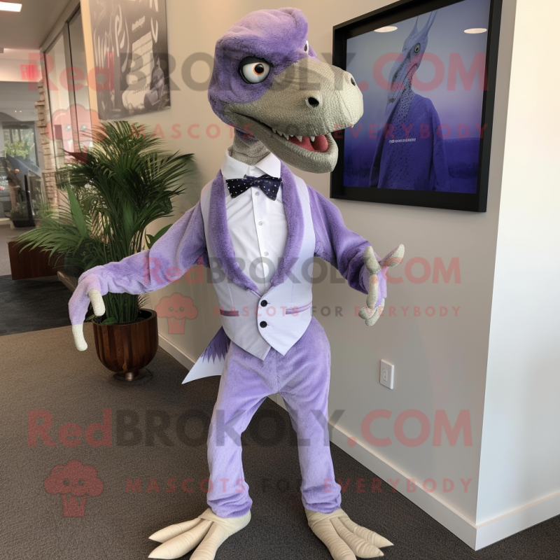 Lavender Utahraptor mascot costume character dressed with a Capri Pants and Tie pins