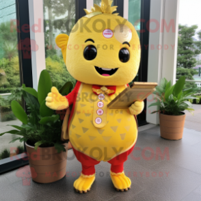 Gold Raspberry mascot costume character dressed with a Sheath Dress and Wallets