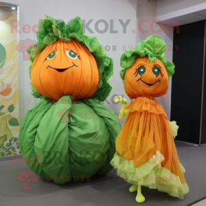 Orange Cabbage Leaf mascot costume character dressed with a Ball Gown and Clutch bags