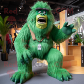 Green Sasquatch mascot costume character dressed with a Culottes and Suspenders