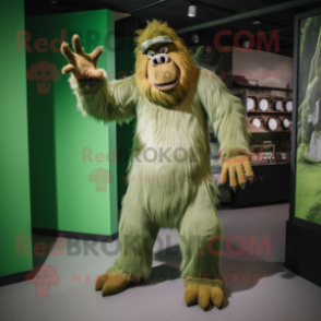 Green Sasquatch mascot costume character dressed with a Culottes and Suspenders