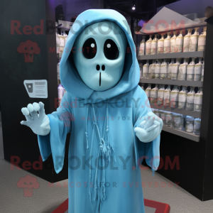 Sky Blue Graveyard mascot costume character dressed with a Hoodie and Clutch bags