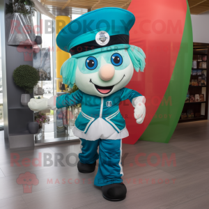Turquoise Irish Flag mascot costume character dressed with a Jeggings and Berets
