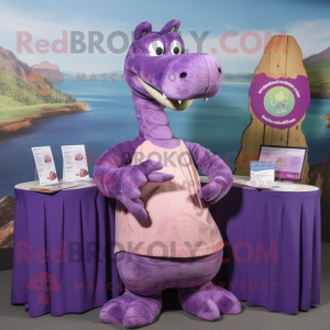 Purple Loch Ness Monster mascot costume character dressed with a Blouse and Rings