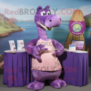 Purple Loch Ness Monster mascot costume character dressed with a Blouse and Rings