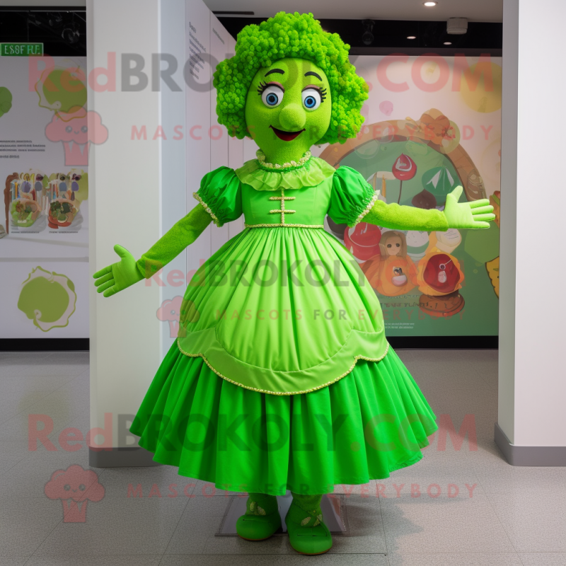 Lime Green Irish Dancer mascot costume character dressed with a Dress and Belts