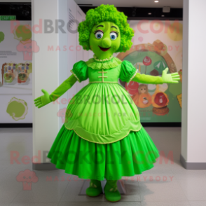 Lime Green Irish Dancer mascot costume character dressed with a Dress and Belts