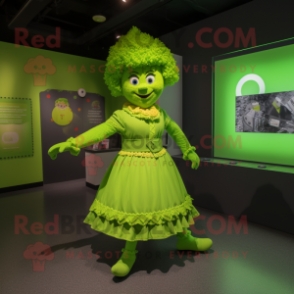 Lime Green Irish Dancer mascot costume character dressed with a Dress and Belts