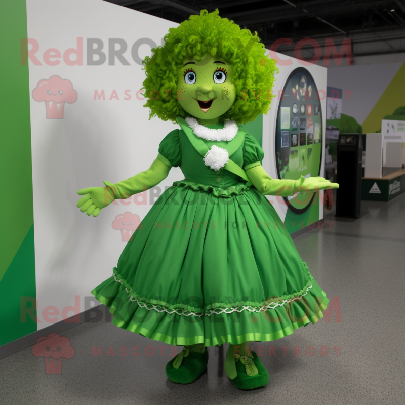 Lime Green Irish Dancer mascot costume character dressed with a Dress and Belts