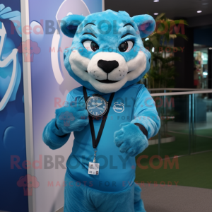 Sky Blue Puma maskot kostym...