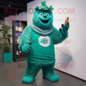 Turquoise Green Beer mascot costume character dressed with a Sweatshirt and Necklaces