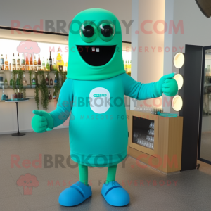 Turquoise Green Beer mascot costume character dressed with a Sweatshirt and Necklaces