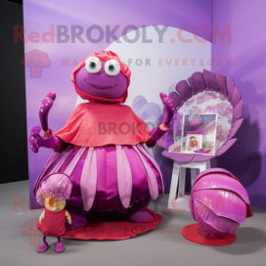 Magenta Hermit Crab mascot costume character dressed with a Pleated Skirt and Coin purses