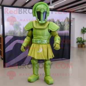 Lime Green Spartan Soldier mascot costume character dressed with a Poplin Shirt and Shoe clips