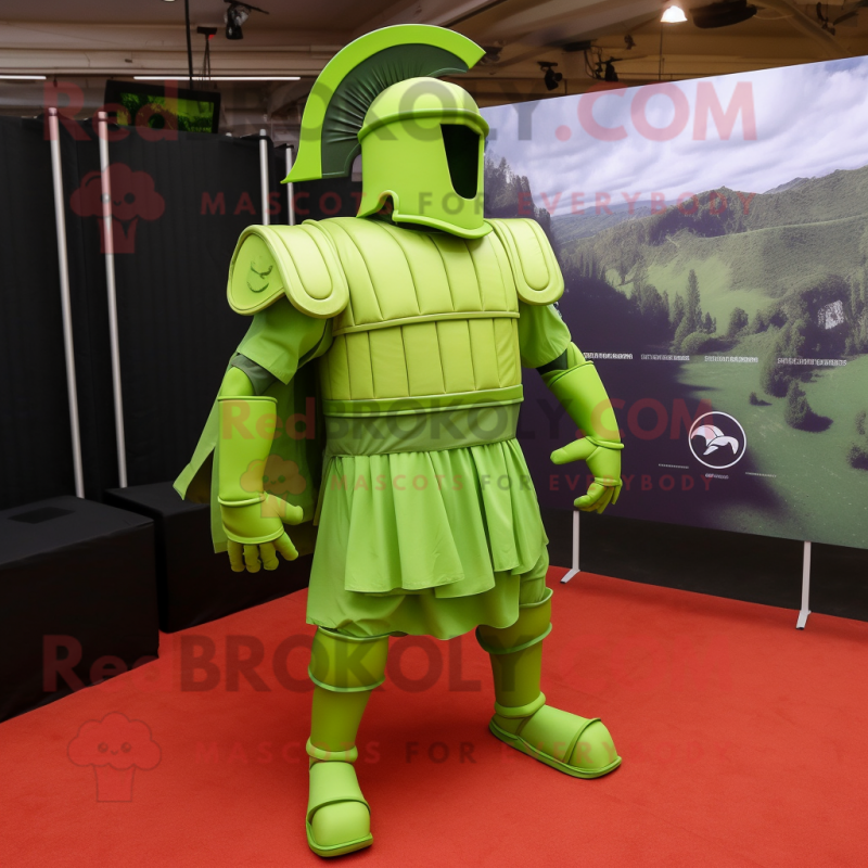 Lime Green Spartan Soldier mascot costume character dressed with a Poplin Shirt and Shoe clips