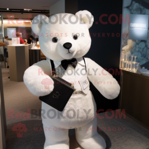 White Teddy Bear mascot costume character dressed with a Cocktail Dress and Briefcases