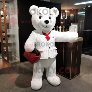 White Teddy Bear mascot costume character dressed with a Cocktail Dress and Briefcases