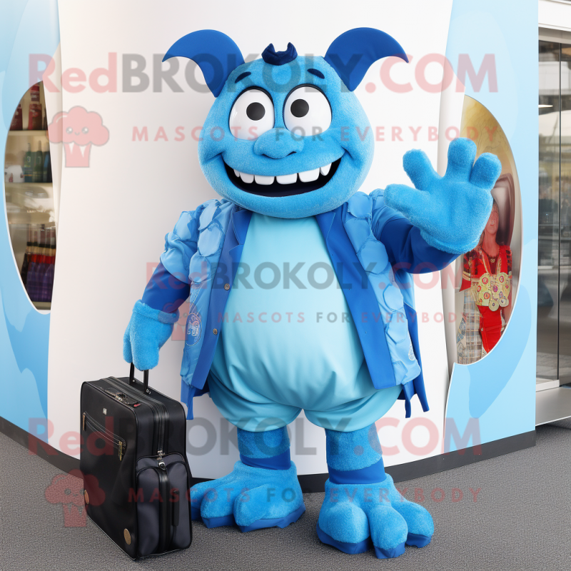 Sky Blue Devil mascot costume character dressed with a Coat and Wallets