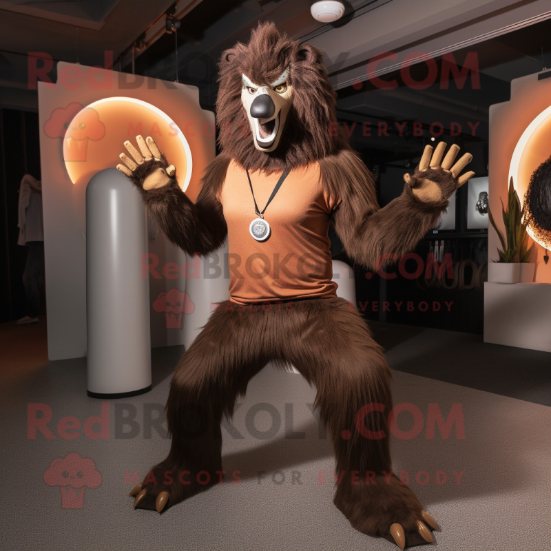 Brown Werewolf mascot costume character dressed with a Yoga Pants and Rings