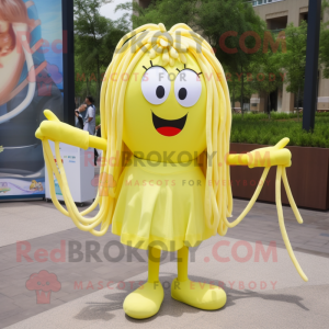 Lemon Yellow Spaghetti mascot costume character dressed with a Culottes and Keychains