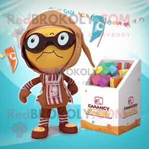 Tan Candy Box mascot costume character dressed with a One-Piece Swimsuit and Scarves