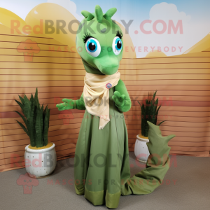 Olive Sea Horse mascot costume character dressed with a Maxi Skirt and Scarf clips