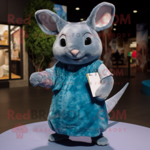 Blue Chinchilla mascot costume character dressed with a Midi Dress and Wallets