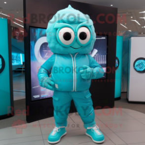 Turquoise Ice mascot costume character dressed with a Sweatshirt and Digital watches