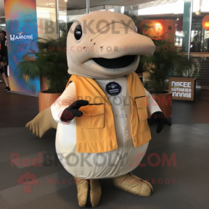 Tan Humpback Whale mascot costume character dressed with a Vest and Earrings