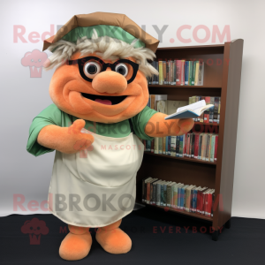 Peach Pulled Pork Sandwich mascot costume character dressed with a Trousers and Reading glasses