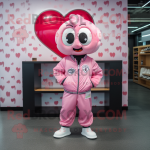 Pink Heart mascot costume character dressed with a Bomber Jacket and Pocket squares