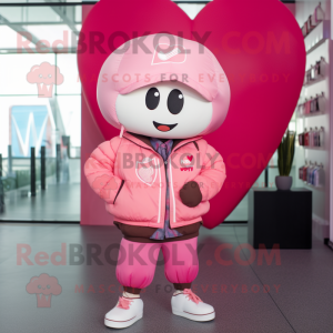 Pink Heart mascot costume character dressed with a Bomber Jacket and Pocket squares