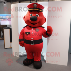 Red Police Officer mascot costume character dressed with a Dress Pants and Backpacks