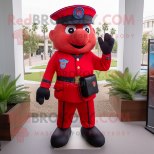 Red Police Officer mascot costume character dressed with a Dress Pants and Backpacks