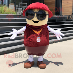 Maroon Hamburger mascot costume character dressed with a Henley Shirt and Sunglasses