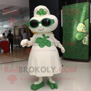 Cream Four Leaf Clover mascot costume character dressed with a Pleated Skirt and Sunglasses