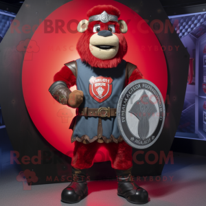Red Celtic Shield mascot costume character dressed with a Denim Shorts and Belts