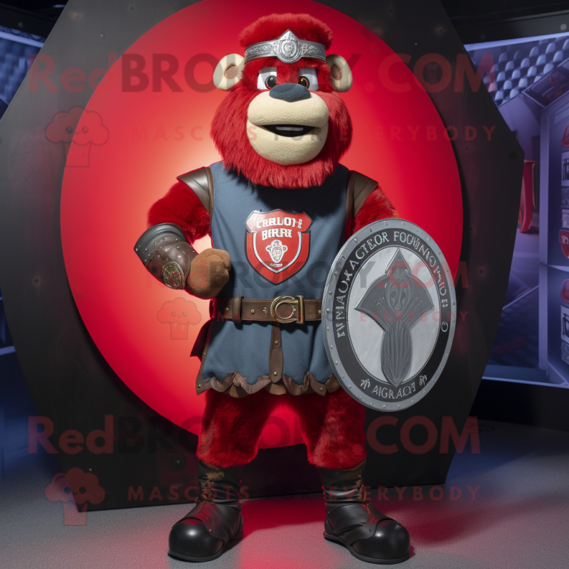 Red Celtic Shield mascot costume character dressed with a Denim Shorts and Belts