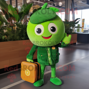 Forest Green Grapefruit mascot costume character dressed with a Overalls and Wallets