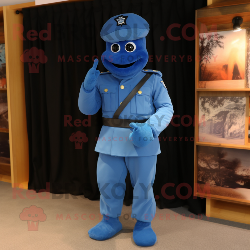 Blue American Soldier mascot costume character dressed with a Suit Pants and Cummerbunds