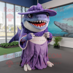 Purple Megalodon mascot costume character dressed with a Wrap Skirt and Hats