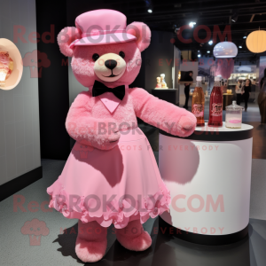 Pink Teddy Bear mascot costume character dressed with a Cocktail Dress and Hats